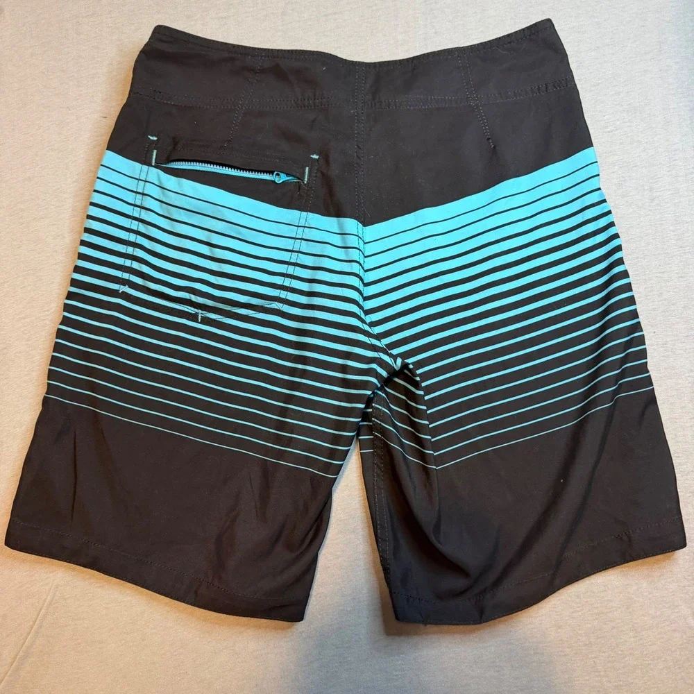 Oakley Mens Board Shorts Size 30 Black Turquoise Striped Swim Trunks Surfwear